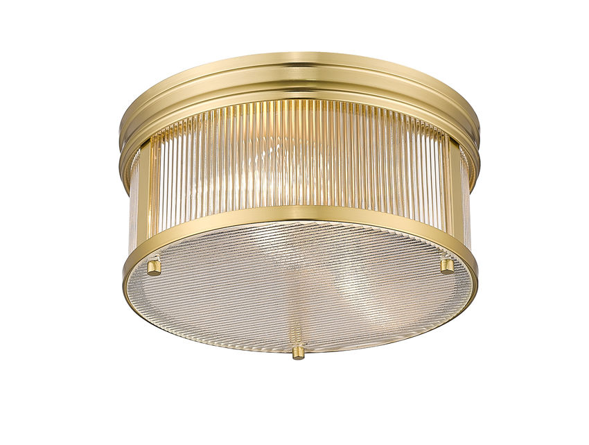 Z-Lite Carnaby 13" 2-Light Modern Gold Steel and Clear Ribbed Glass Shade Flush Mount Lighting