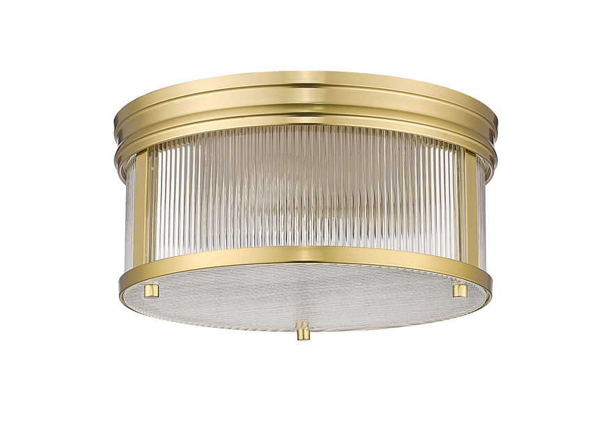 Z-Lite Carnaby 13" 2-Light Modern Gold Steel and Clear Ribbed Glass Shade Flush Mount Lighting