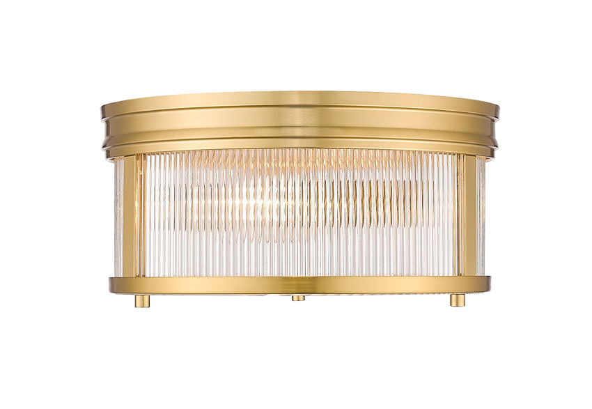 Z-Lite Carnaby 13" 2-Light Modern Gold Steel and Clear Ribbed Glass Shade Flush Mount Lighting