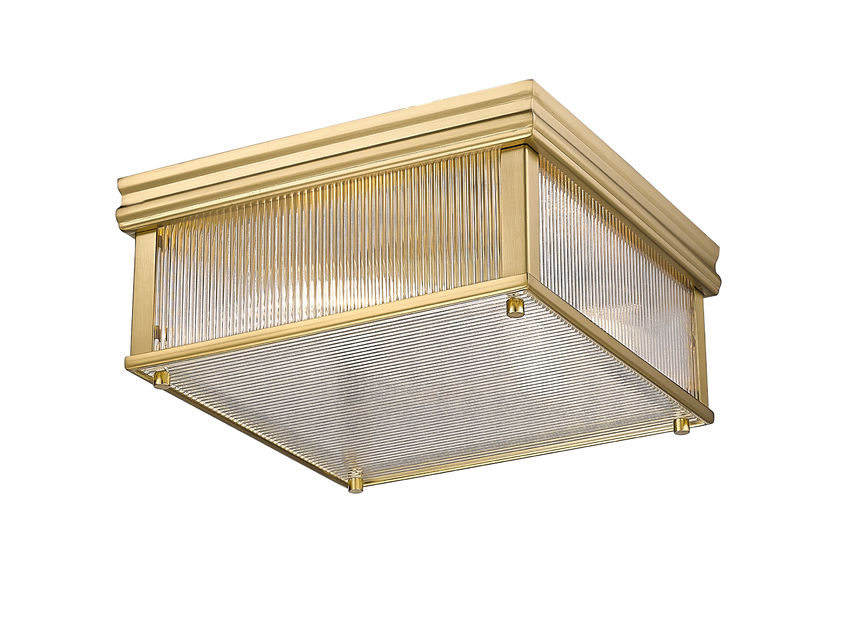 Z-Lite Carnaby 13" 2-Light Modern Gold Steel and Clear Ribbed Glass Shade Squared Shape Flush Mount Lighting