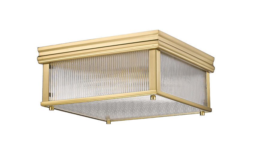 Z-Lite Carnaby 13" 2-Light Modern Gold Steel and Clear Ribbed Glass Shade Squared Shape Flush Mount Lighting