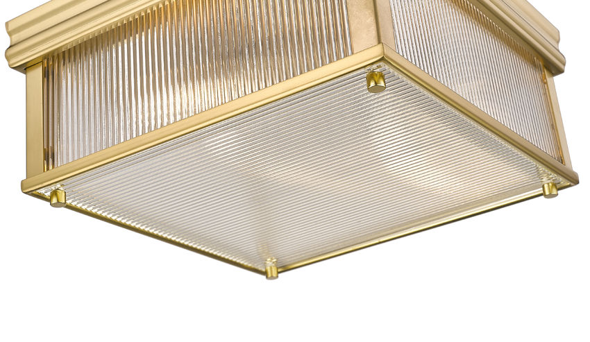 Z-Lite Carnaby 13" 2-Light Modern Gold Steel and Clear Ribbed Glass Shade Squared Shape Flush Mount Lighting