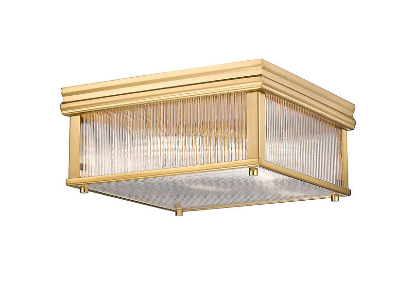 Z-Lite Carnaby 13" 2-Light Modern Gold Steel and Clear Ribbed Glass Shade Squared Shape Flush Mount Lighting