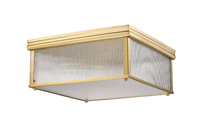 Z-Lite Carnaby 18" 4-Light Modern Gold Steel and Clear Ribbed Glass Shade Squared Shape Flush Mount Lighting