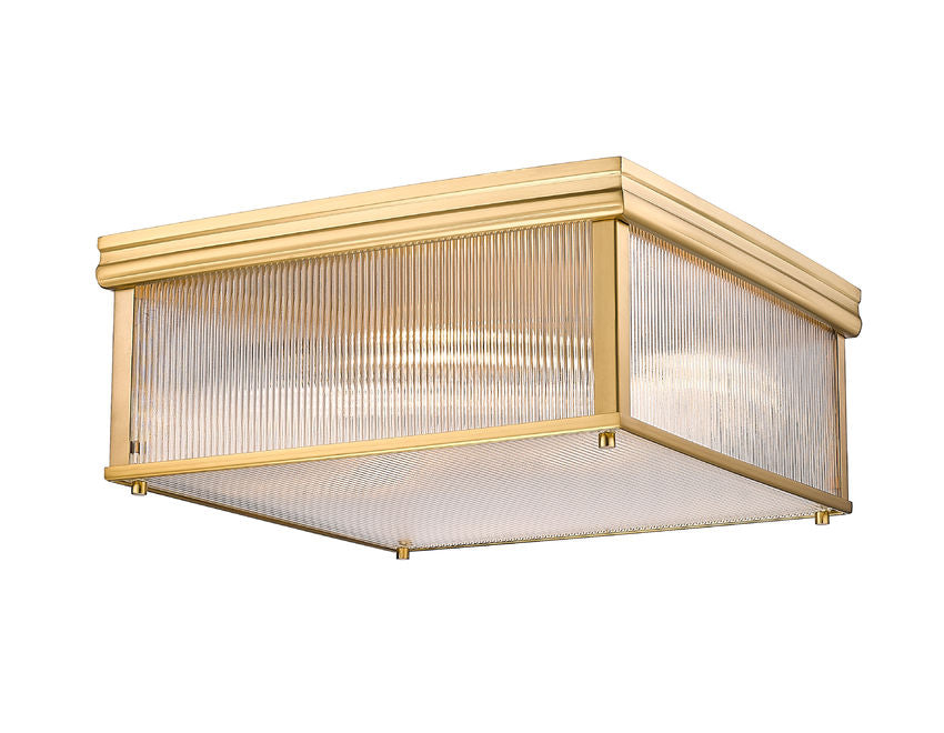 Z-Lite Carnaby 18" 4-Light Modern Gold Steel and Clear Ribbed Glass Shade Squared Shape Flush Mount Lighting