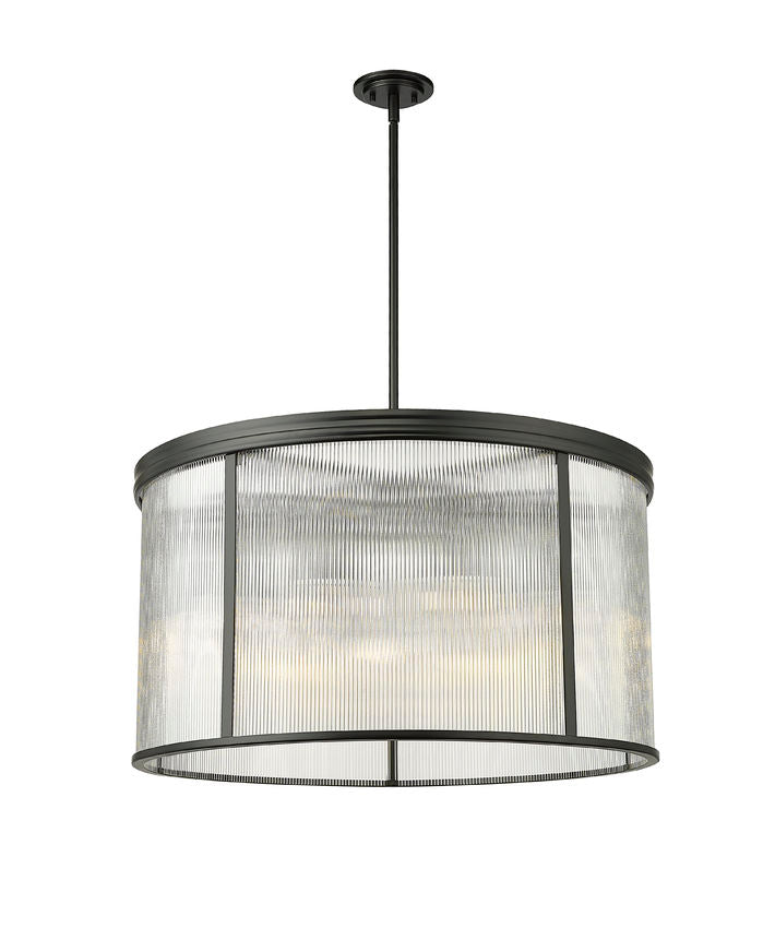 Z-Lite Carnaby 32" 9-Light Matte Black Steel and Clear Ribbed Glass Shade Chandelier