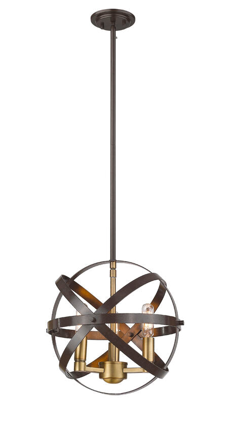 Z-Lite Cavallo 12" 3-Light Hammered Black and Olde Brass Steel Pendant Light