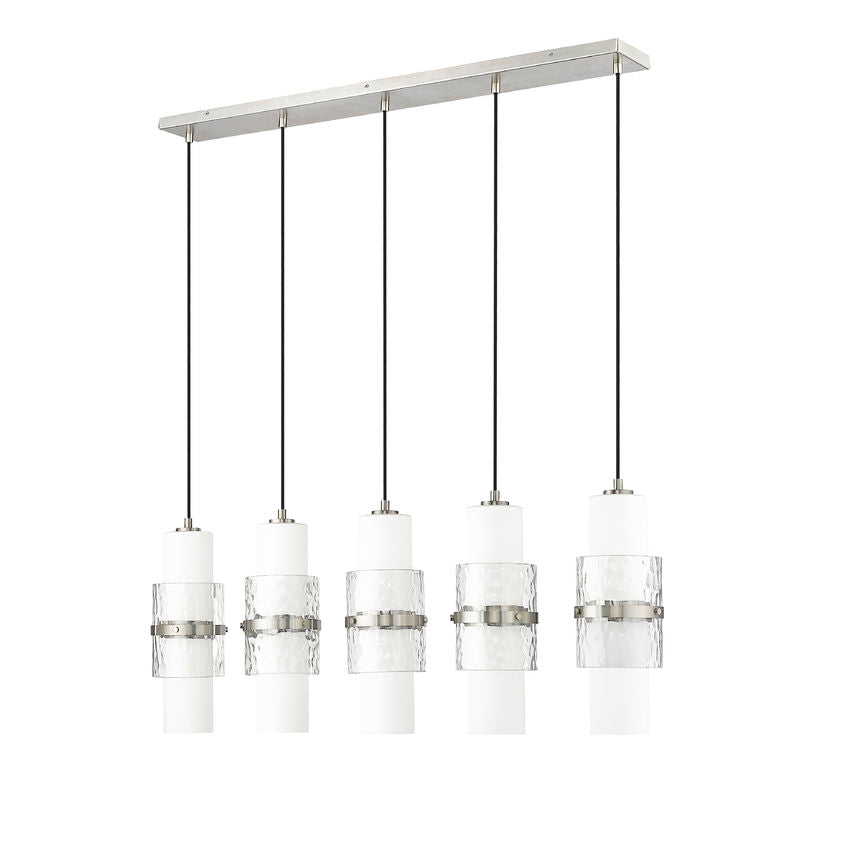 Z-Lite Cayden 5" 5-Light Brushed Nickel and Clear With Etched Opal Glass Shade Linear Chandelier