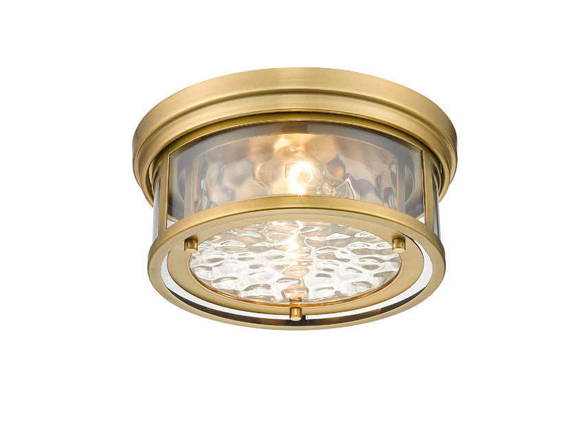 Z-Lite Clarion 12" 2-Light Rubbed Brass Flush Mount Lighting With Inner Clear Water and Outer Clear Shade