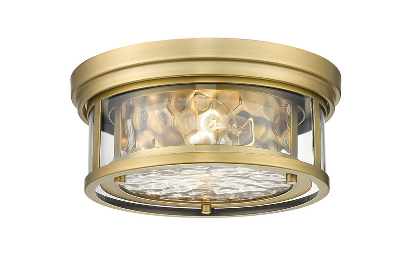 Z-Lite Clarion 12" 2-Light Rubbed Brass Flush Mount Lighting With Inner Clear Water and Outer Clear Shade