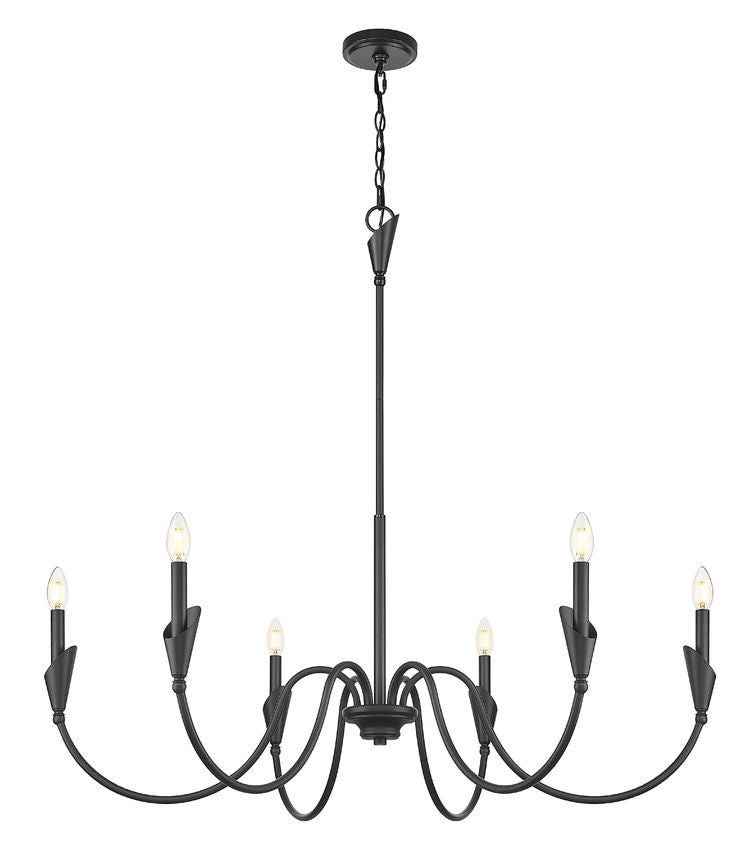Z-Lite Claudelle 46" 6-Light Candelabra Bulb Base Matte Black Steel White Fabric Shade Chandelier