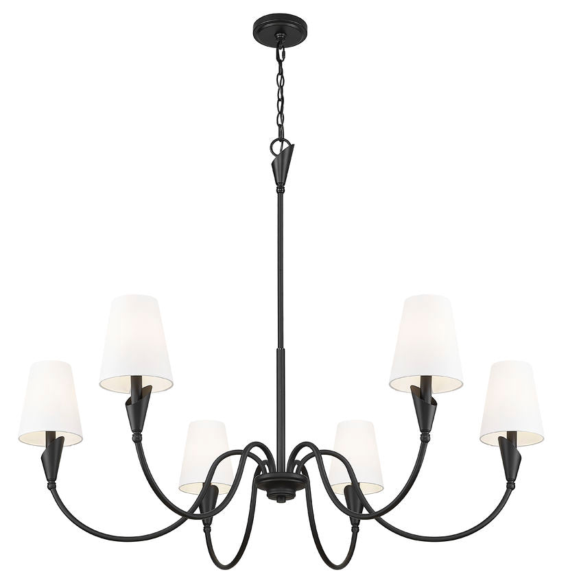 Z-Lite Claudelle 46" 6-Light Candelabra Bulb Base Matte Black Steel White Fabric Shade Chandelier