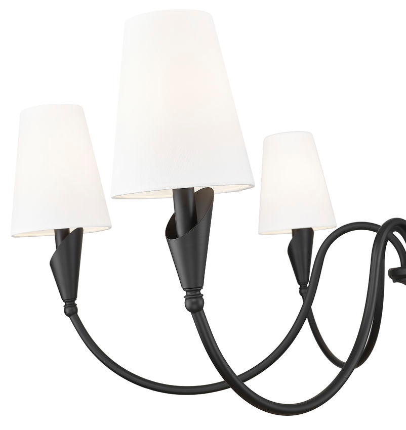 Z-Lite Claudelle 46" 6-Light Candelabra Bulb Base Matte Black Steel White Fabric Shade Chandelier