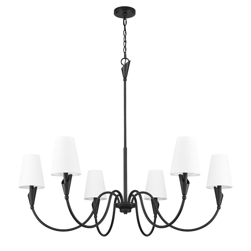 Z-Lite Claudelle 46" 6-Light Candelabra Bulb Base Matte Black Steel White Fabric Shade Chandelier
