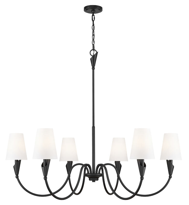 Z-Lite Claudelle 46" 6-Light Candelabra Bulb Base Matte Black Steel White Fabric Shade Chandelier