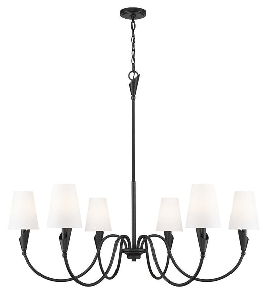 Z-Lite Claudelle 46" 6-Light Candelabra Bulb Base Matte Black Steel White Fabric Shade Chandelier