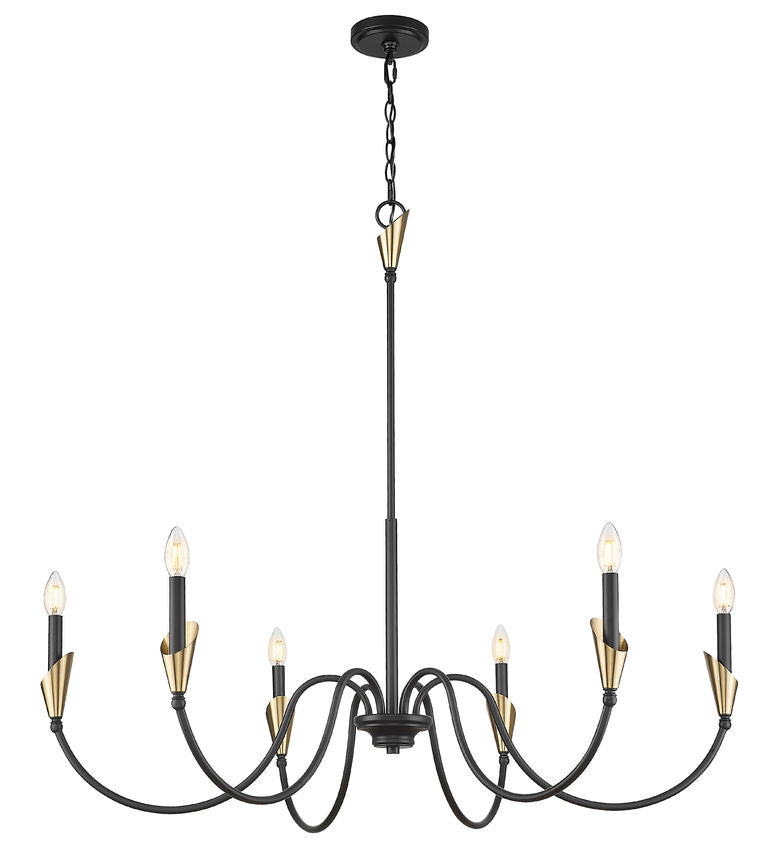 Z-Lite Claudelle 46" 6-Light Candelabra Bulb Base Matte Black and Modern Gold Steel White Fabric Shade Chandelier