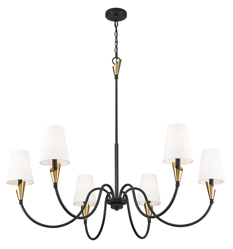 Z-Lite Claudelle 46" 6-Light Candelabra Bulb Base Matte Black and Modern Gold Steel White Fabric Shade Chandelier