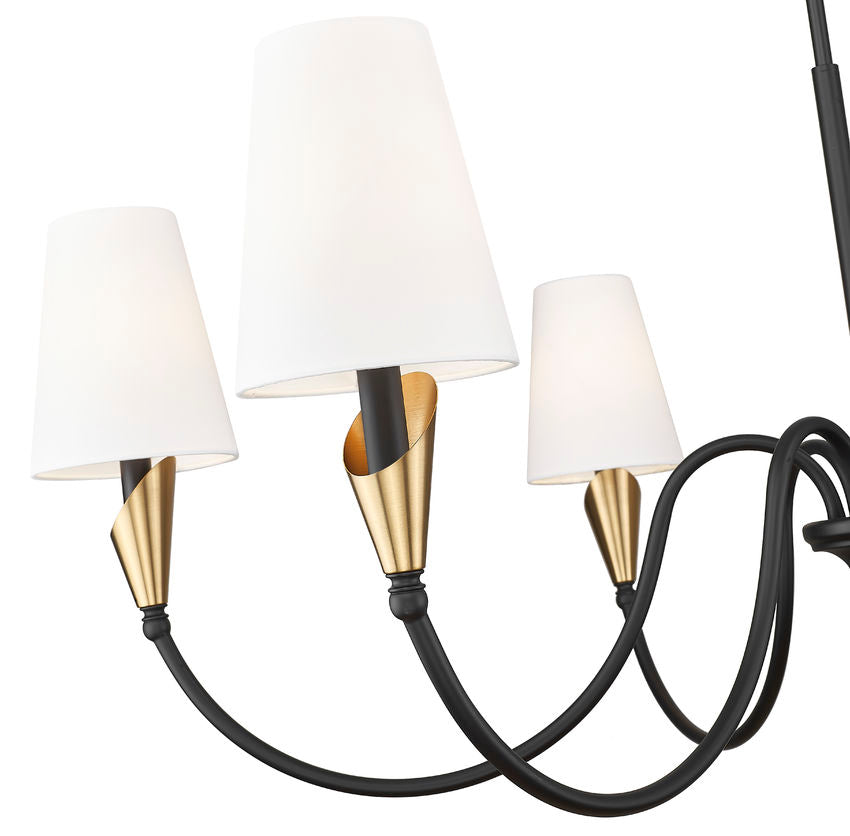 Z-Lite Claudelle 46" 6-Light Candelabra Bulb Base Matte Black and Modern Gold Steel White Fabric Shade Chandelier