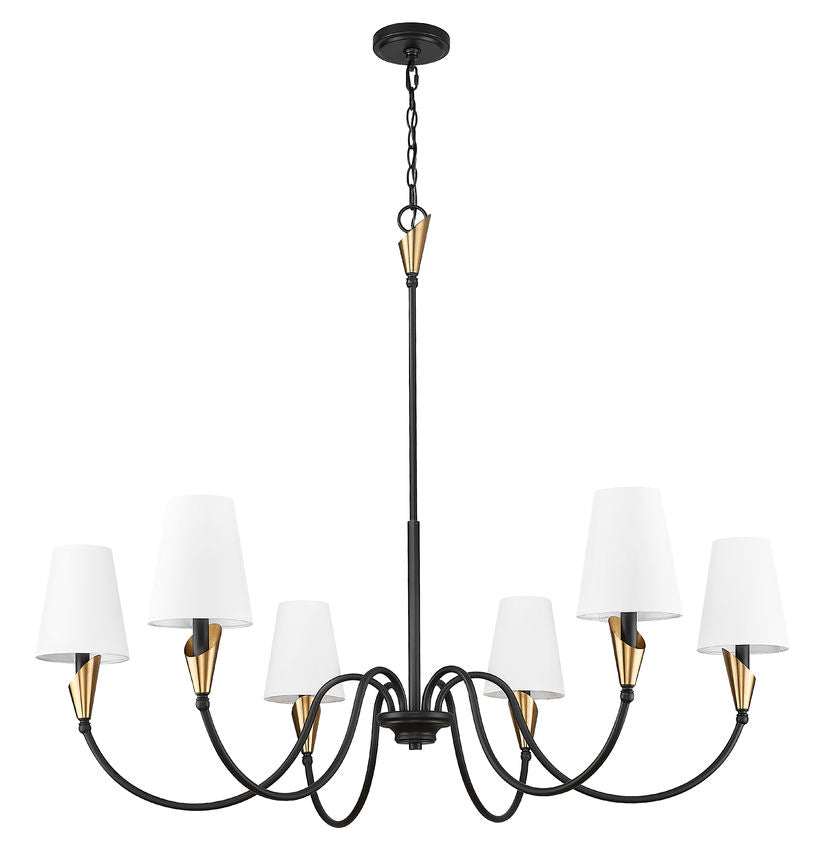 Z-Lite Claudelle 46" 6-Light Candelabra Bulb Base Matte Black and Modern Gold Steel White Fabric Shade Chandelier