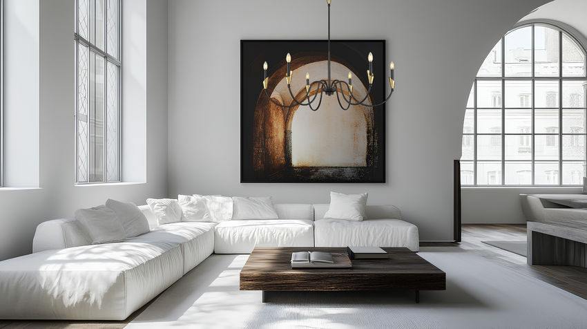 Z-Lite Claudelle 46" 6-Light Candelabra Bulb Base Matte Black and Modern Gold Steel White Fabric Shade Chandelier