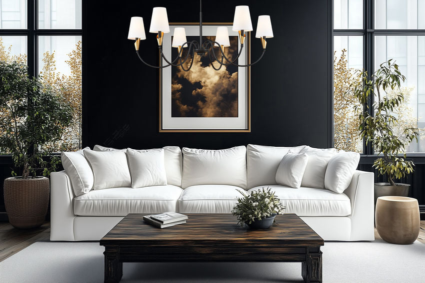 Z-Lite Claudelle 46" 6-Light Candelabra Bulb Base Matte Black and Modern Gold Steel White Fabric Shade Chandelier