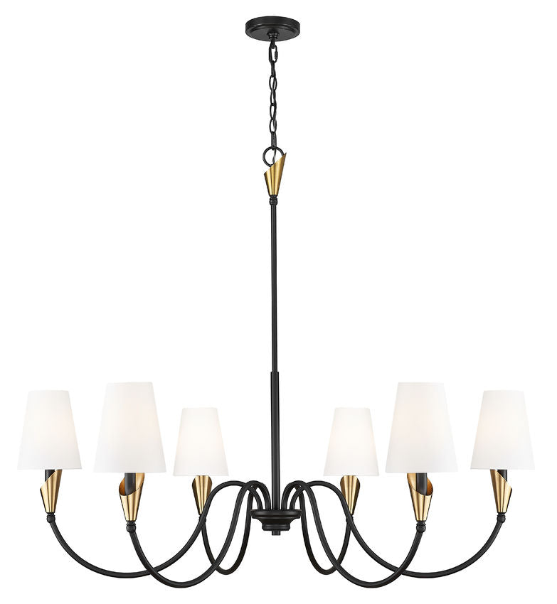 Z-Lite Claudelle 46" 6-Light Candelabra Bulb Base Matte Black and Modern Gold Steel White Fabric Shade Chandelier