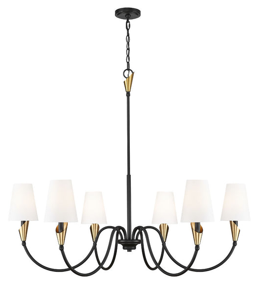 Z-Lite Claudelle 46" 6-Light Candelabra Bulb Base Matte Black and Modern Gold Steel White Fabric Shade Chandelier