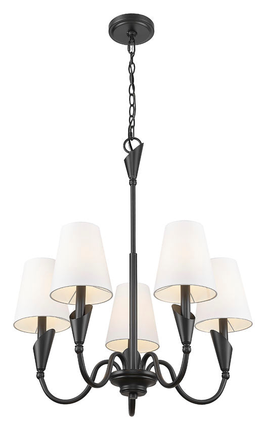 Z-Lite Claudelle 5-Light Candelabra Bulb Base Matte Black Steel White Fabric Shade Chandelier