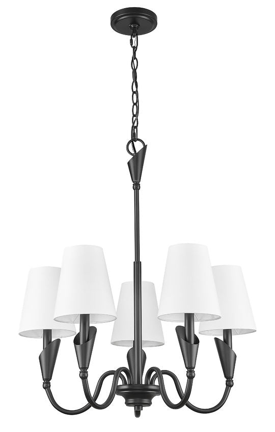 Z-Lite Claudelle 5-Light Candelabra Bulb Base Matte Black Steel White Fabric Shade Chandelier
