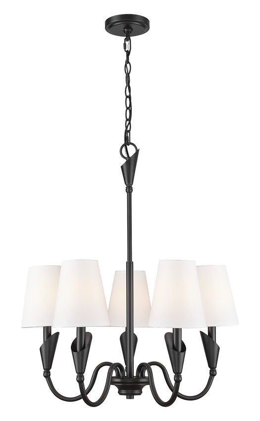 Z-Lite Claudelle 5-Light Candelabra Bulb Base Matte Black Steel White Fabric Shade Chandelier