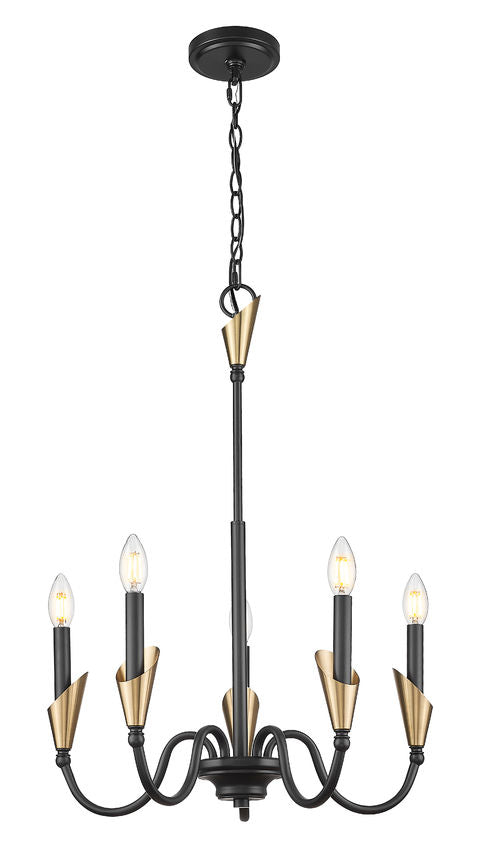 Z-Lite Claudelle 5-Light Candelabra Bulb Base Matte Black and Modern Gold Steel White Fabric Shade Chandelier