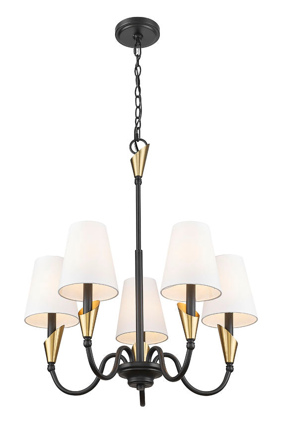 Z-Lite Claudelle 5-Light Candelabra Bulb Base Matte Black and Modern Gold Steel White Fabric Shade Chandelier