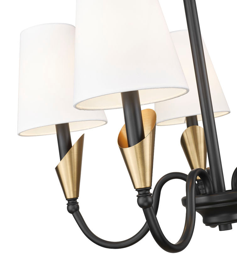 Z-Lite Claudelle 5-Light Candelabra Bulb Base Matte Black and Modern Gold Steel White Fabric Shade Chandelier