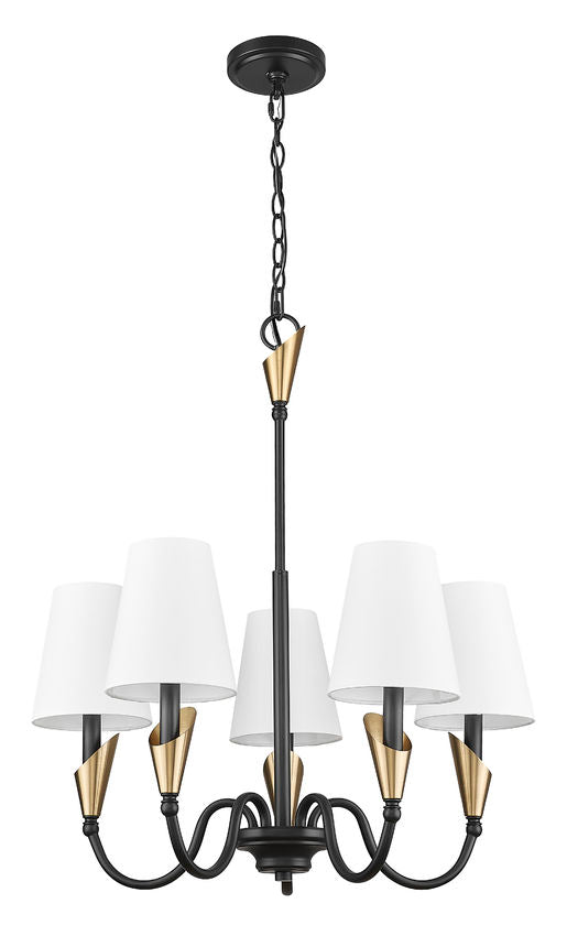 Z-Lite Claudelle 5-Light Candelabra Bulb Base Matte Black and Modern Gold Steel White Fabric Shade Chandelier