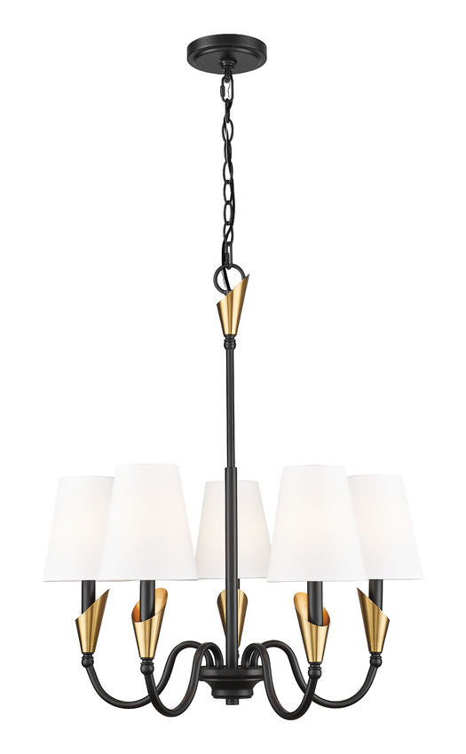 Z-Lite Claudelle 5-Light Candelabra Bulb Base Matte Black and Modern Gold Steel White Fabric Shade Chandelier
