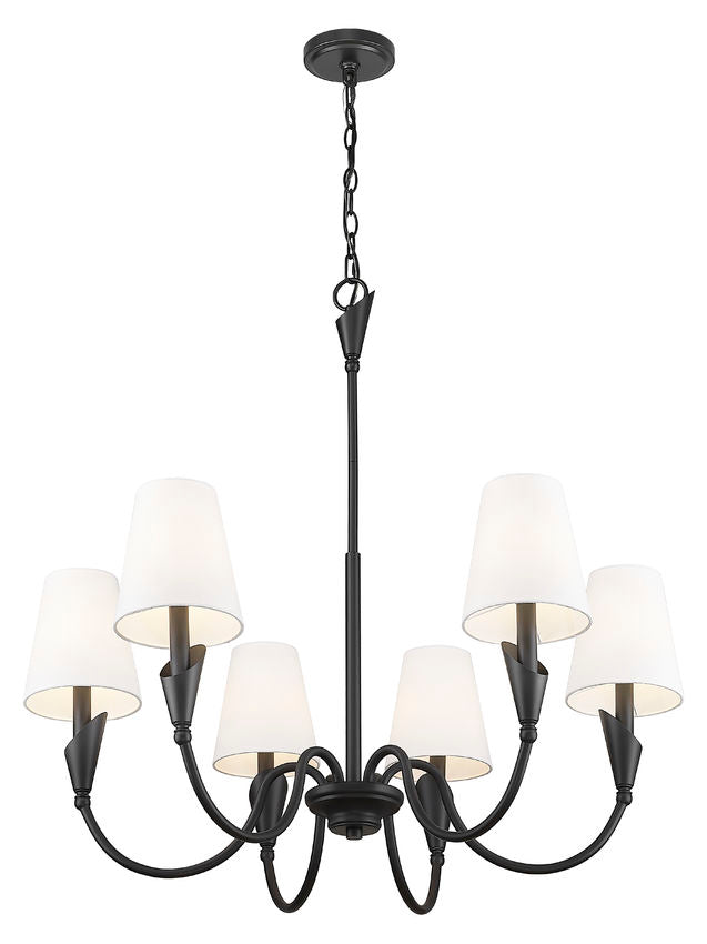 Z-Lite Claudelle 6-Light Candelabra Bulb Base Matte Black Steel White Fabric Shade Chandelier