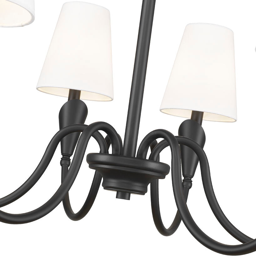 Z-Lite Claudelle 6-Light Candelabra Bulb Base Matte Black Steel White Fabric Shade Chandelier