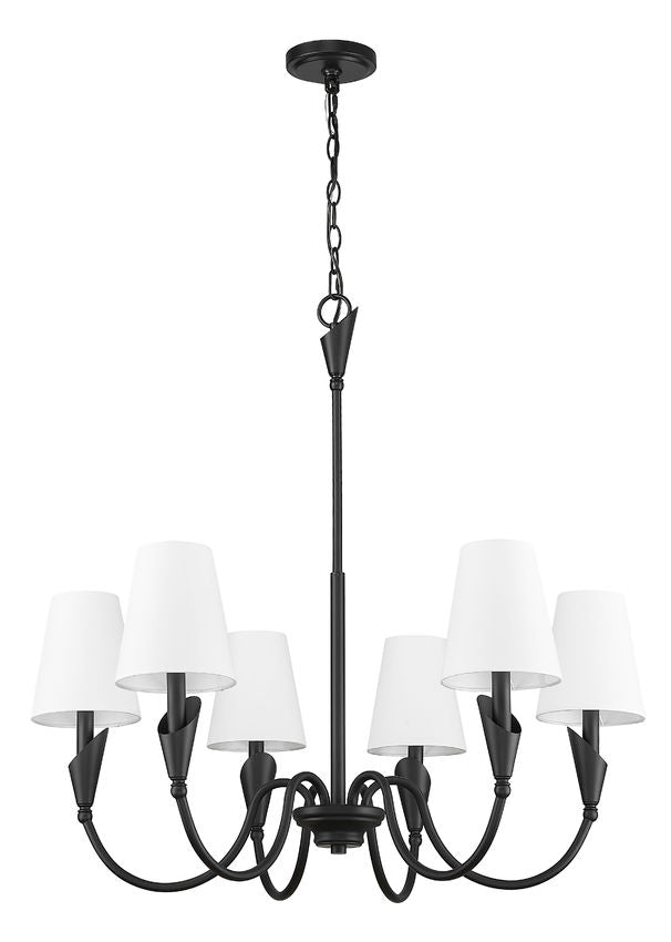 Z-Lite Claudelle 6-Light Candelabra Bulb Base Matte Black Steel White Fabric Shade Chandelier