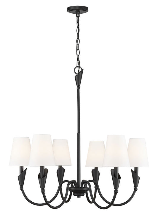 Z-Lite Claudelle 6-Light Candelabra Bulb Base Matte Black Steel White Fabric Shade Chandelier