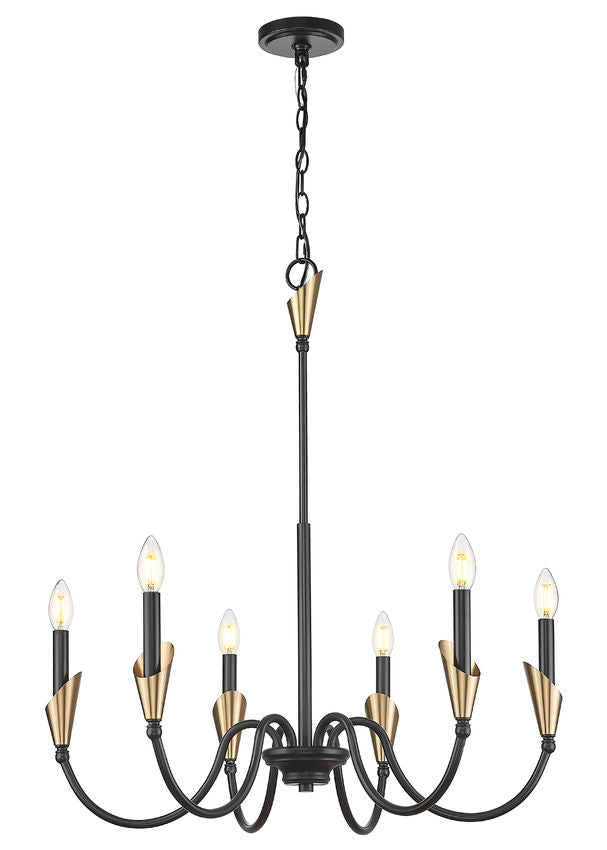 Z-Lite Claudelle 6-Light Candelabra Bulb Base Matte Black and Modern Gold Steel White Fabric Shade Chandelier