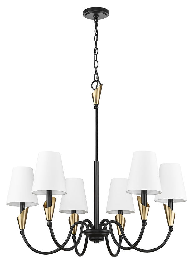 Z-Lite Claudelle 6-Light Candelabra Bulb Base Matte Black and Modern Gold Steel White Fabric Shade Chandelier