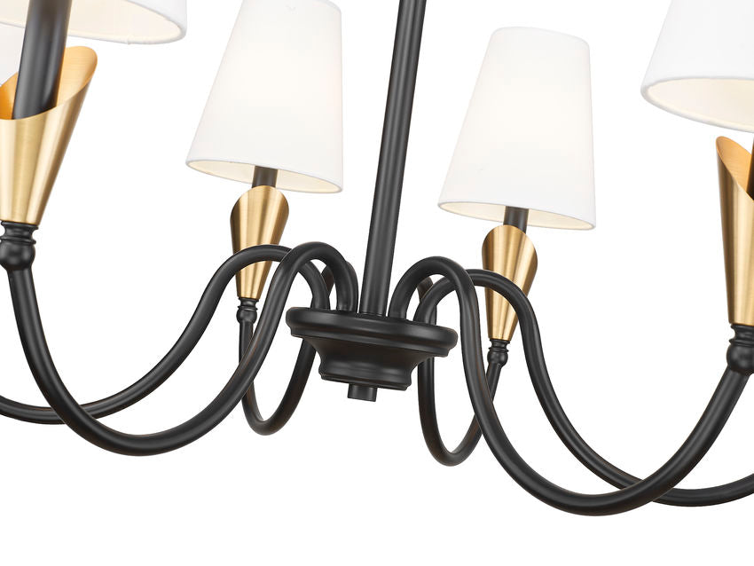 Z-Lite Claudelle 6-Light Candelabra Bulb Base Matte Black and Modern Gold Steel White Fabric Shade Chandelier