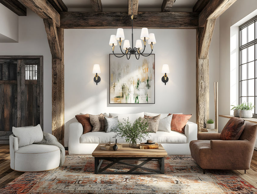 Z-Lite Claudelle 6-Light Candelabra Bulb Base Matte Black and Modern Gold Steel White Fabric Shade Chandelier