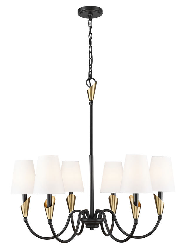 Z-Lite Claudelle 6-Light Candelabra Bulb Base Matte Black and Modern Gold Steel White Fabric Shade Chandelier