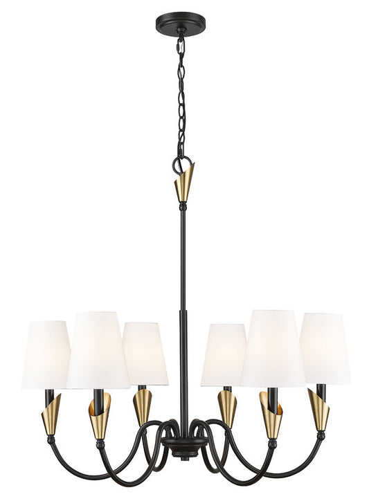 Z-Lite Claudelle 6-Light Candelabra Bulb Base Matte Black and Modern Gold Steel White Fabric Shade Chandelier