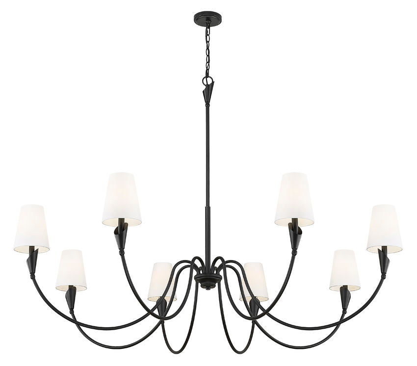 Z-Lite Claudelle 65" 8-Light Candelabra Bulb Base Matte Black Steel White Fabric Shade Chandelier