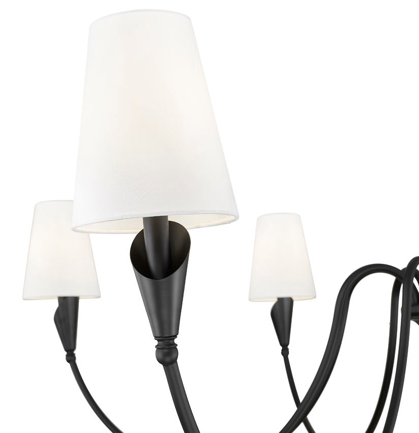 Z-Lite Claudelle 65" 8-Light Candelabra Bulb Base Matte Black Steel White Fabric Shade Chandelier