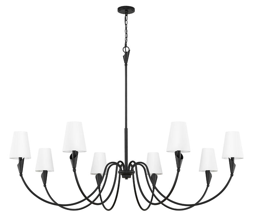 Z-Lite Claudelle 65" 8-Light Candelabra Bulb Base Matte Black Steel White Fabric Shade Chandelier