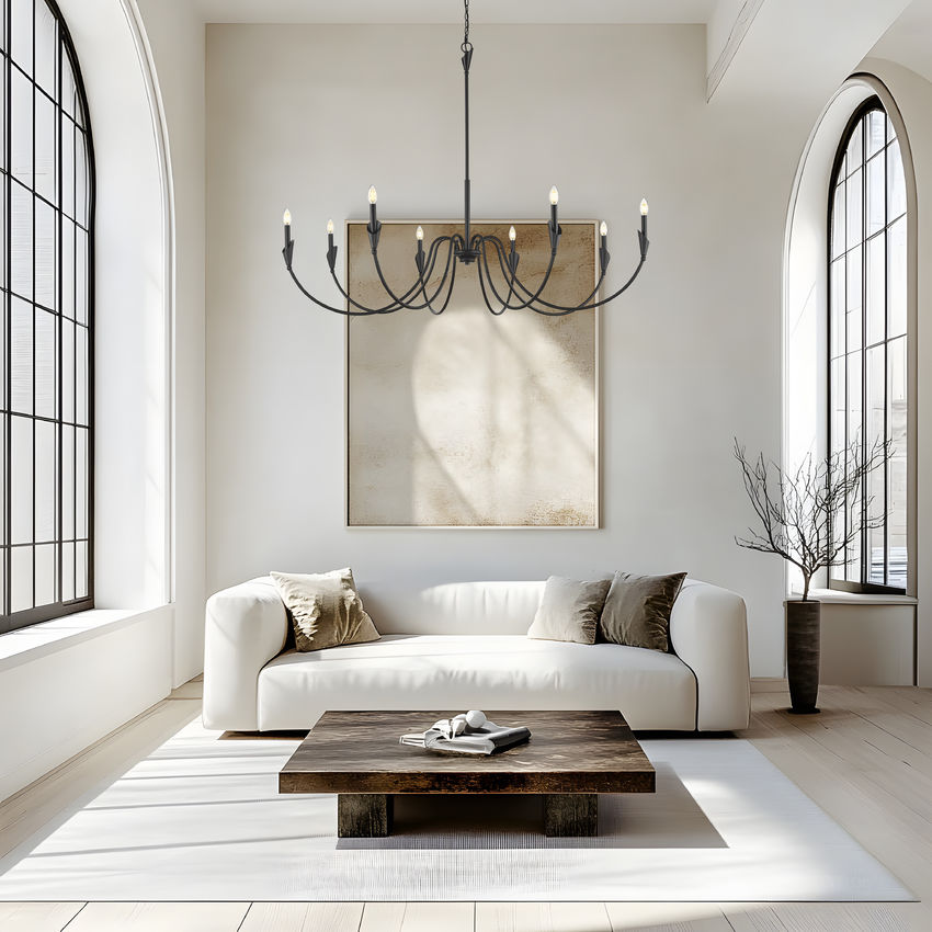 Z-Lite Claudelle 65" 8-Light Candelabra Bulb Base Matte Black Steel White Fabric Shade Chandelier